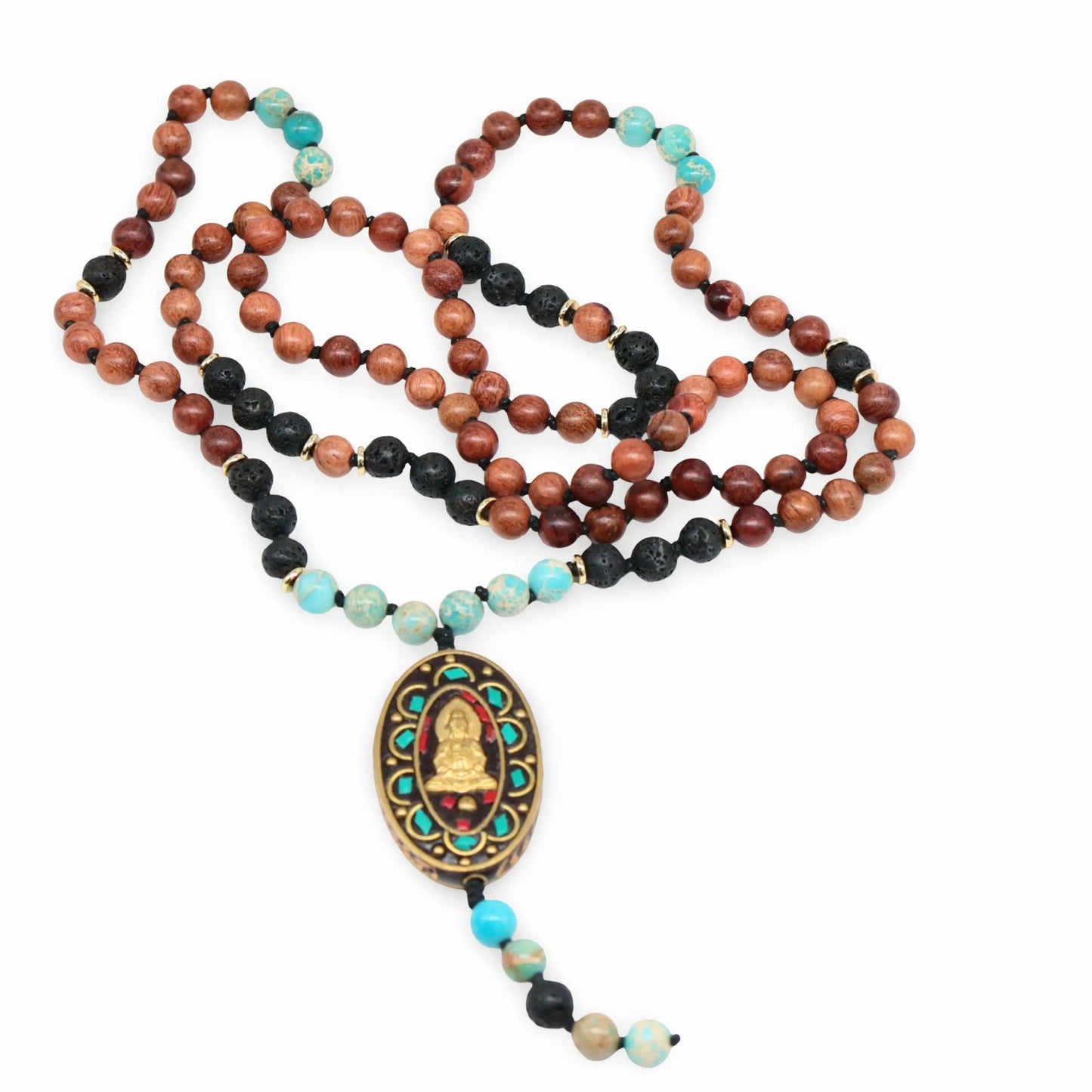 Mala - Bracele / Necklace - Multi Strand - Natural Lava Stone & Imperial Jasper & Indonesia & Wood Beads