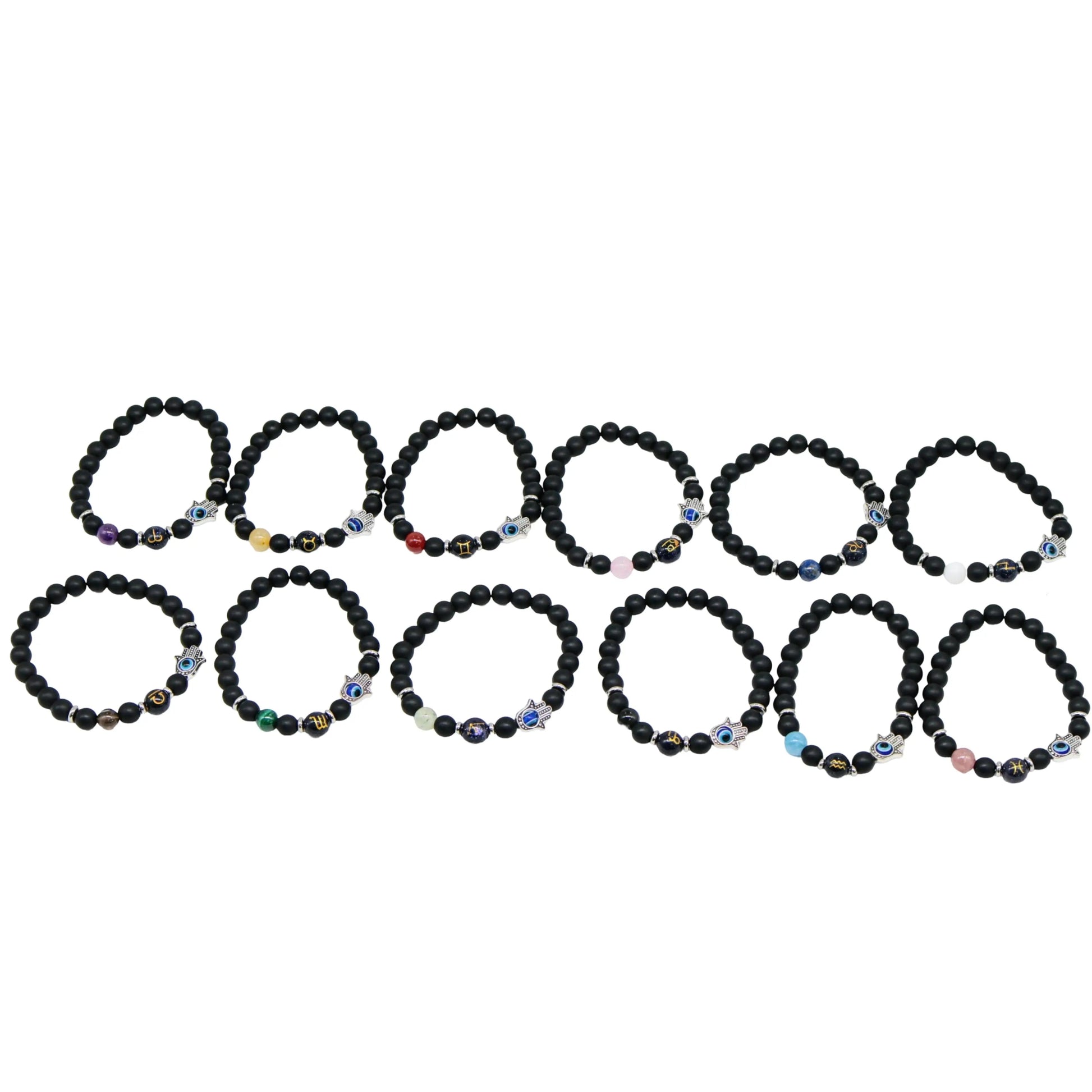 Bracelet - Natural Black Agate - Constellation - Fatima Hand - 8mm