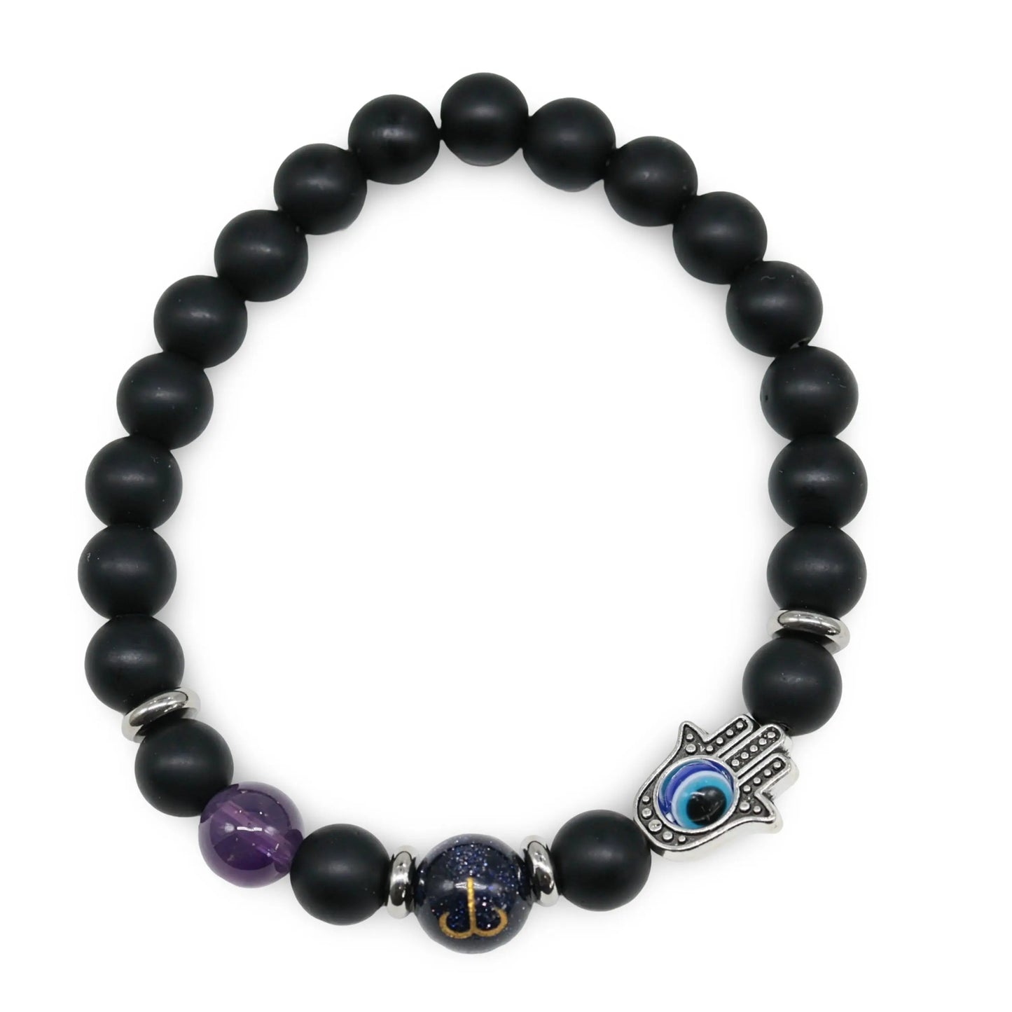 Bracelet - Natural Black Agate - Constellation - Fatima Hand - 8mm Aries - Amethyst