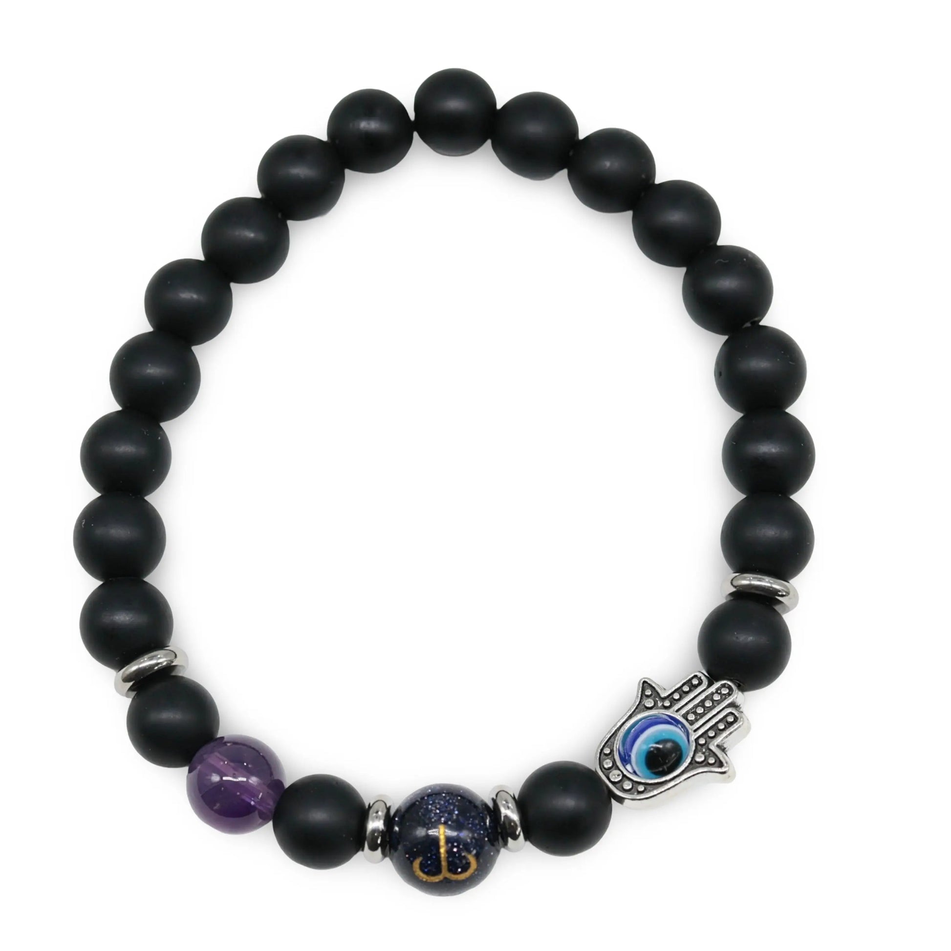 Bracelet - Natural Black Agate - Constellation - Fatima Hand - 8mm Aries - Amethyst