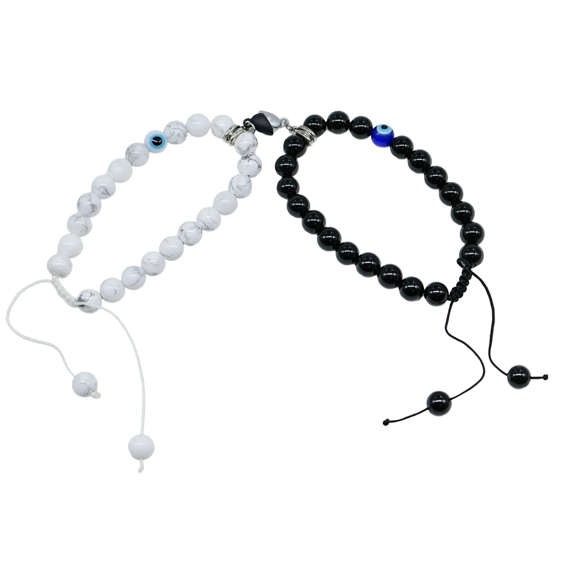 Bracelet - 2Pcs Set - Natural Howlite & Black Onyx with Evil Eye - Braided Matching Bracelets