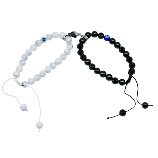 Bracelet - 2Pcs Set - Natural Howlite & Black Onyx with Evil Eye - Braided Matching Bracelets