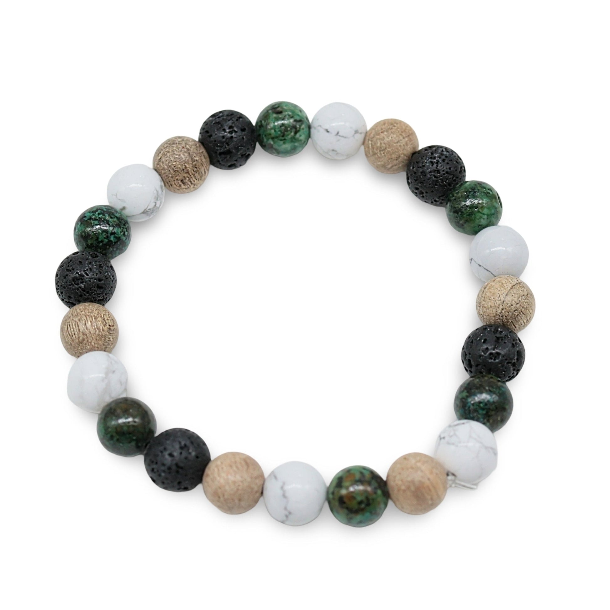 Bracelet - African Turquoise Jasper with Natural Howlite, Lava Rock & Sandalwood Beads - 8mm