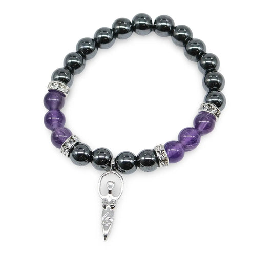 Bracelet - Hematite & Amethyst with Goddess Charm - 8mm