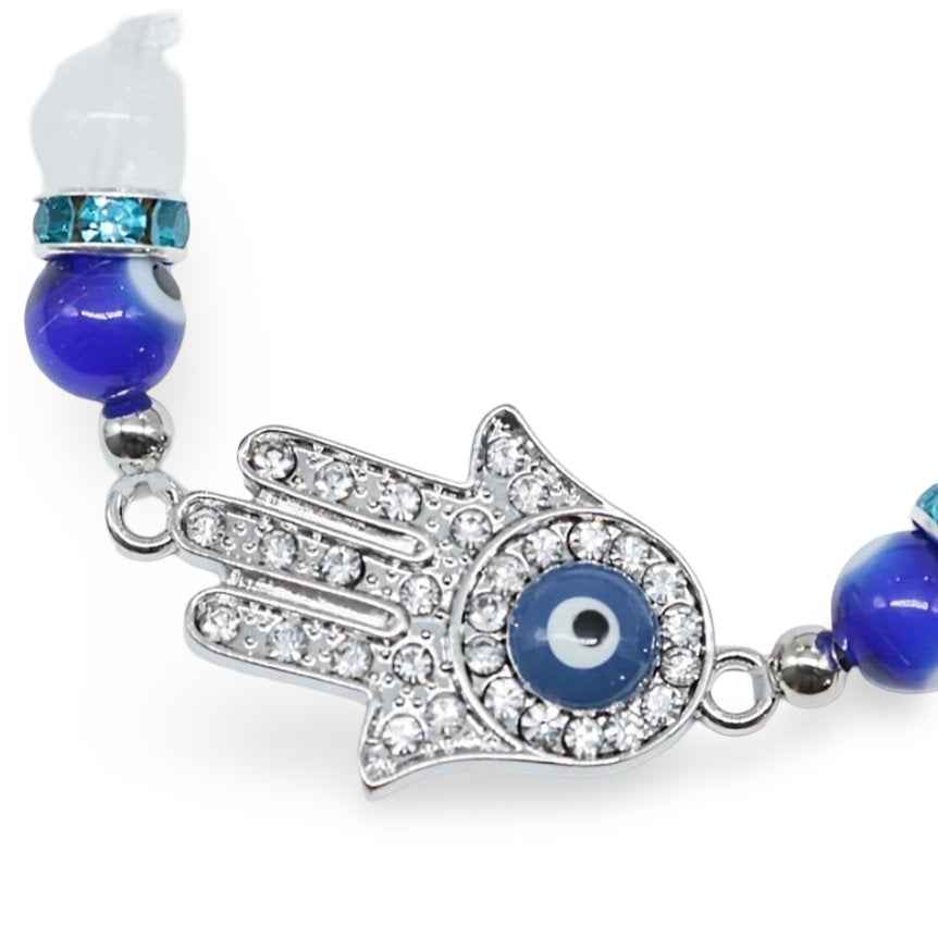 Bracelet - Crystal Quartz - Evil Eye - Zirconia Fatima Hand - 8mm - Cayve's Mystic Nature Wholesale
