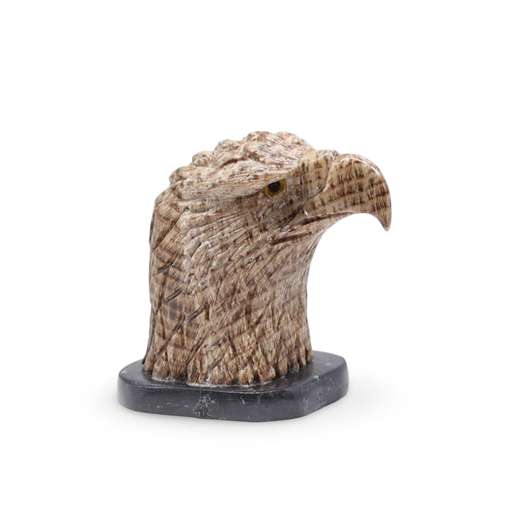 Animal Spirituel - Pierre Sculptée - Aragonite - Tête d'Aigle sur Socle en Onyx