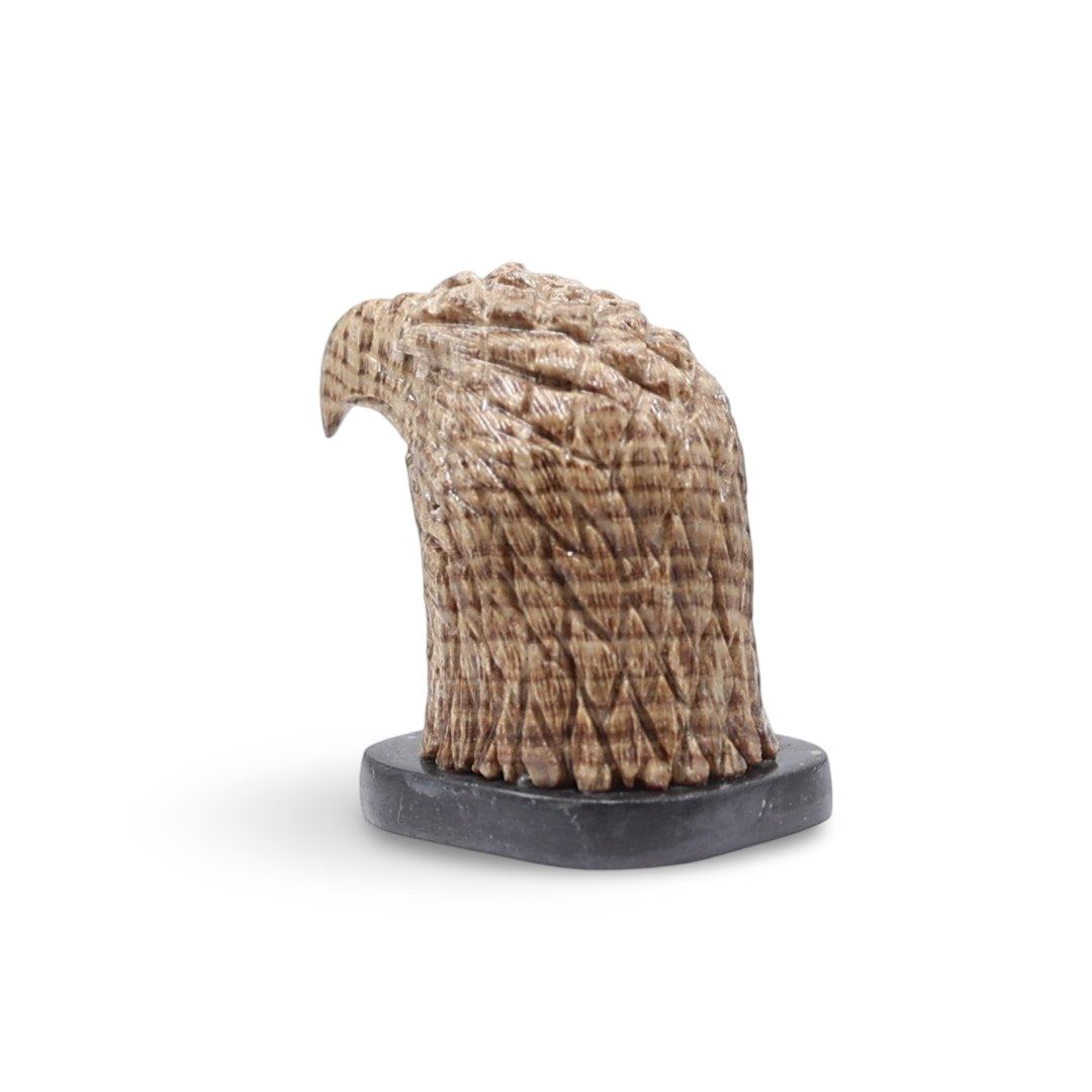 Animal Spirituel - Pierre Sculptée - Aragonite - Tête d'Aigle sur Socle en Onyx
