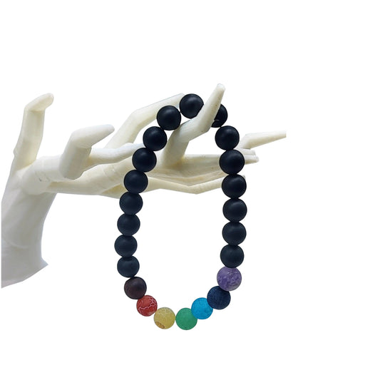 Bracelet - Frosted Black Agate - 7 Chakras - 8mm