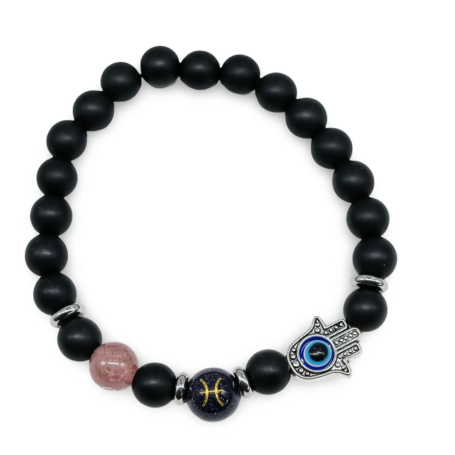 Bracelet - Natural Black Agate - Constellation - Fatima Hand - 8mm Pisces - Strawberry Quartz