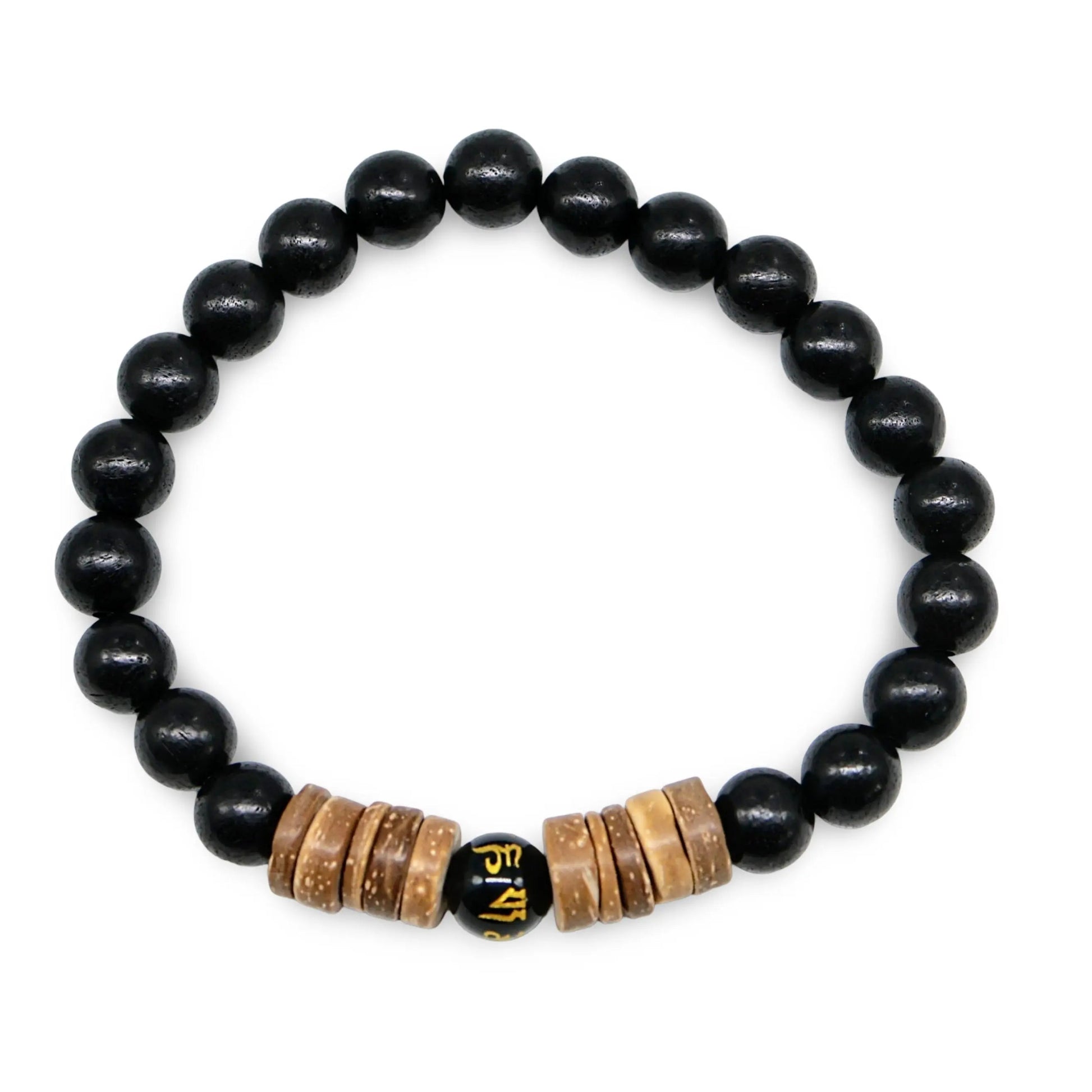 Bracelet - Natural Black Obsidian with Natural Wood Beads - 8mm