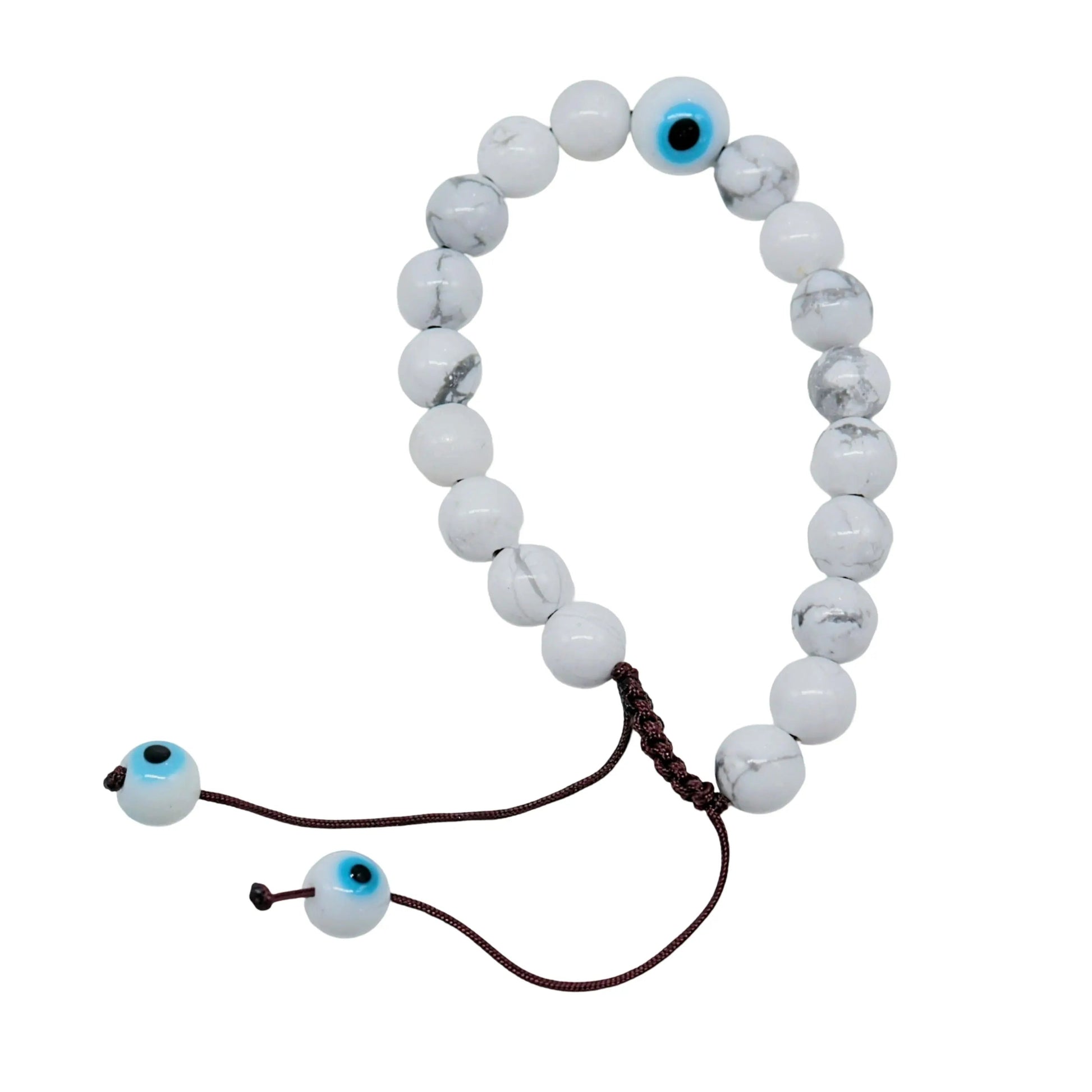 Bracelet - Natural Howlite with Evil Eye - Adjustable - 8mm