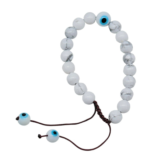 Bracelet - Natural Howlite with Evil Eye - Adjustable - 8mm