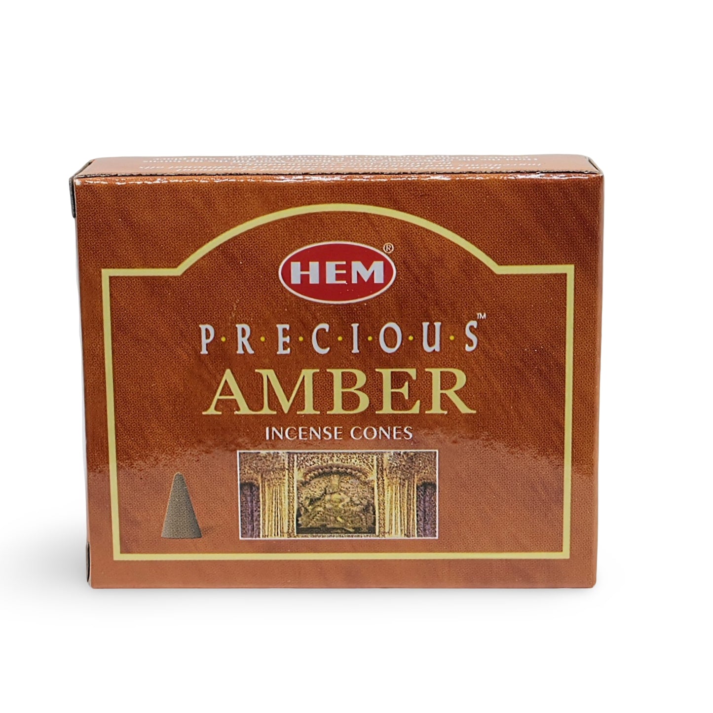Box of HEM Precious Amber incense cones on a white background
