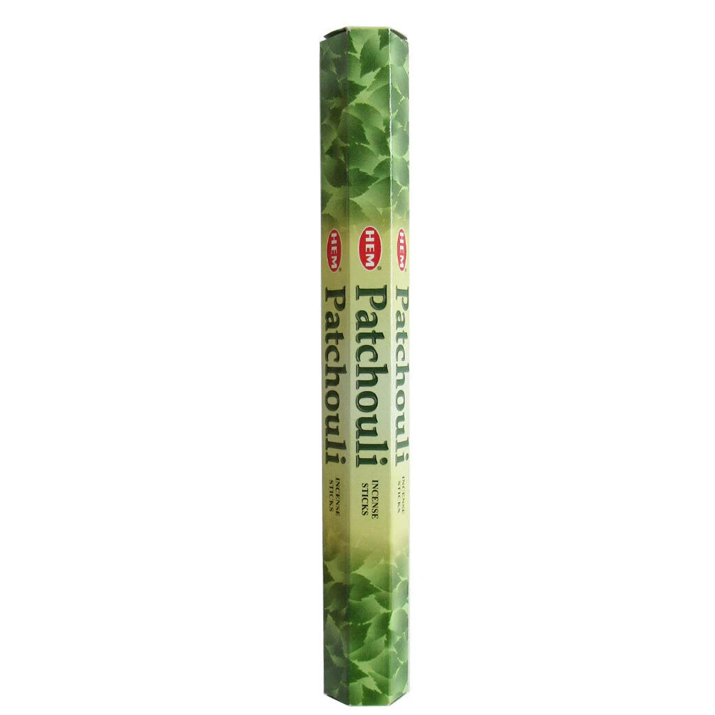 Pack of HEM Patchouli incense sticks on a white background