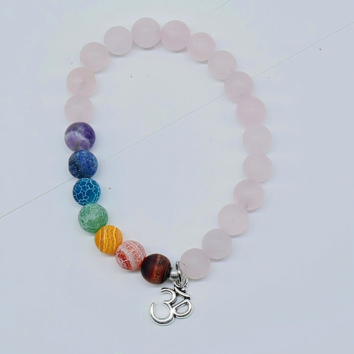 Bracelet - Rose Quartz & 7 Chakras with Om Charm - 8mm