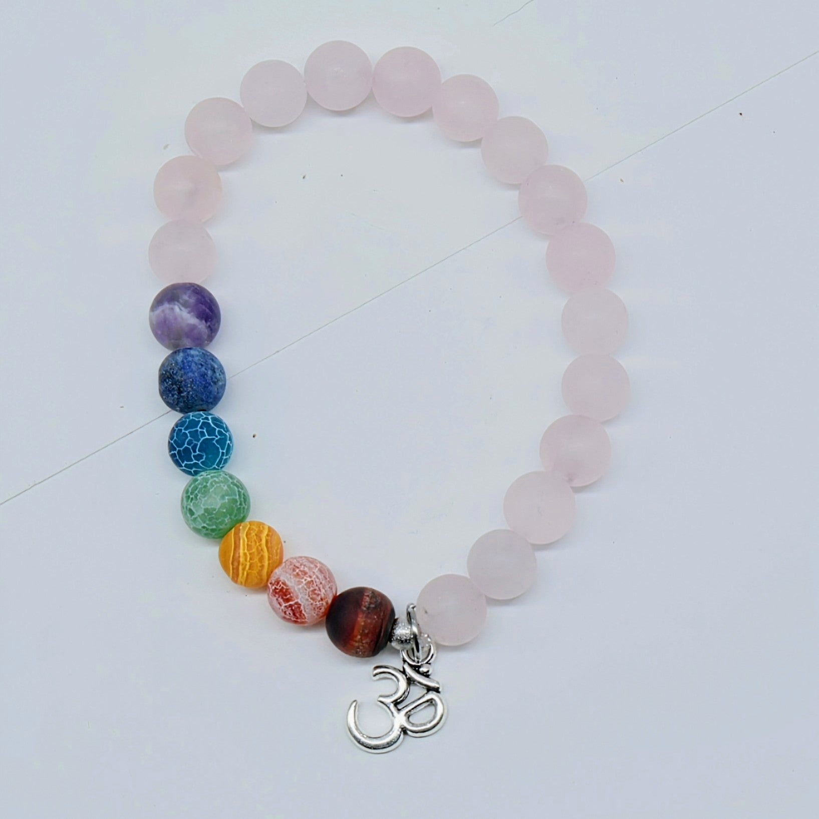 Bracelet - Rose Quartz & 7 Chakras with Om Charm - 8mm