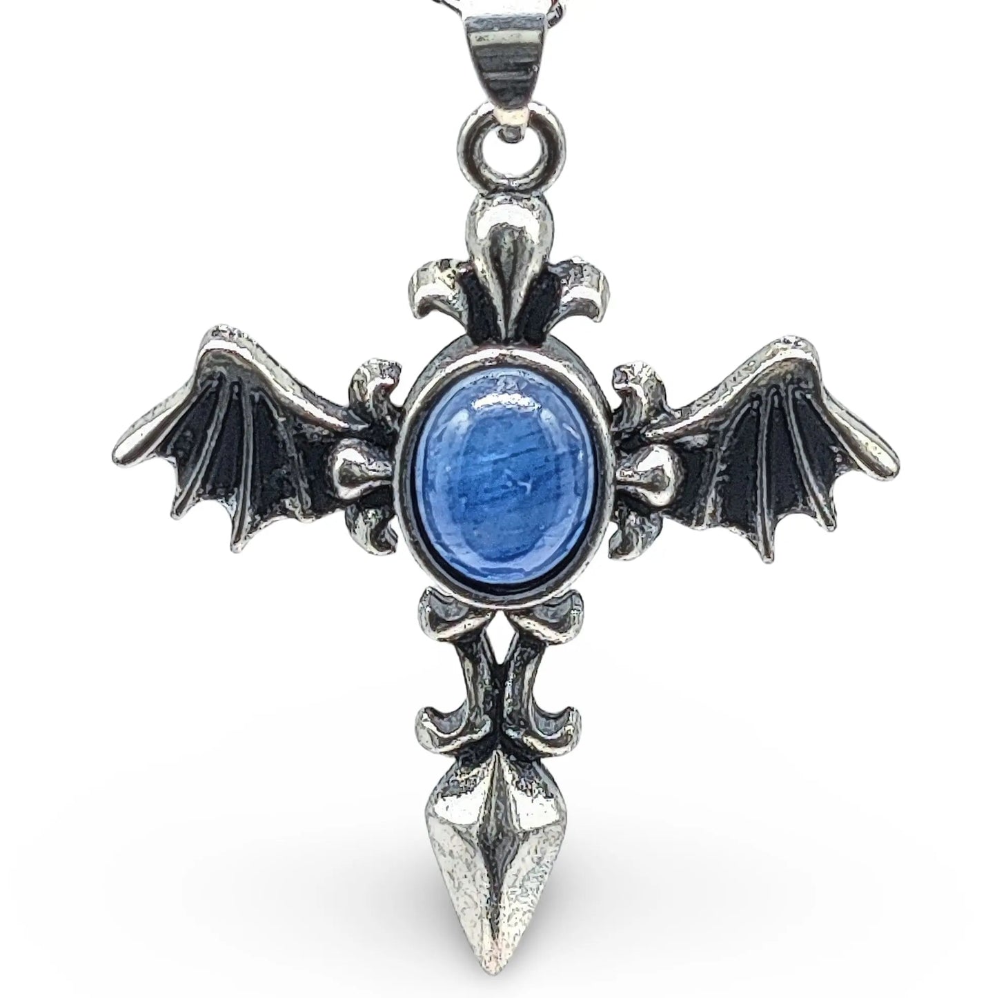 Necklace - Angel Wing Cross - Antique Silver - Kyanite