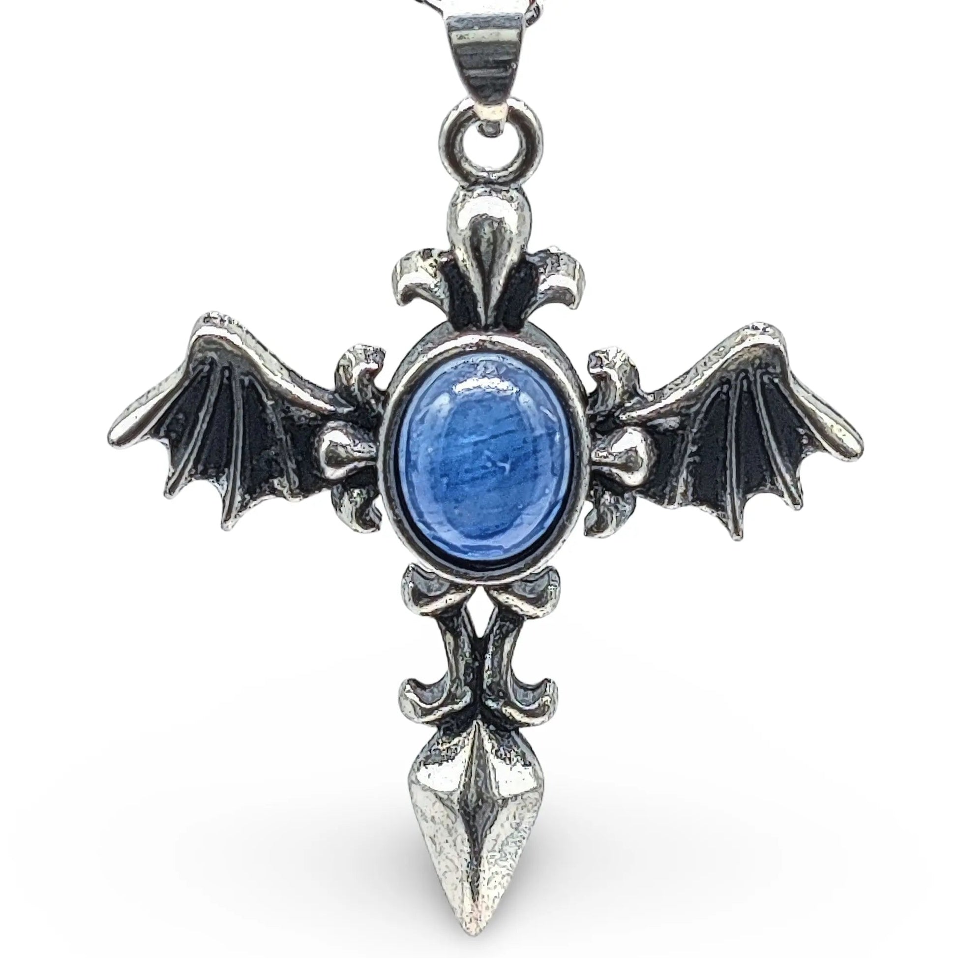 Necklace - Angel Wing Cross - Antique Silver - Kyanite