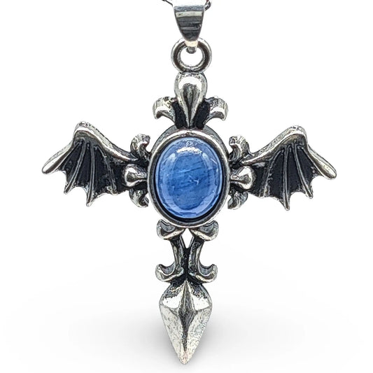 Necklace - Angel Wing Cross - Antique Silver - Kyanite