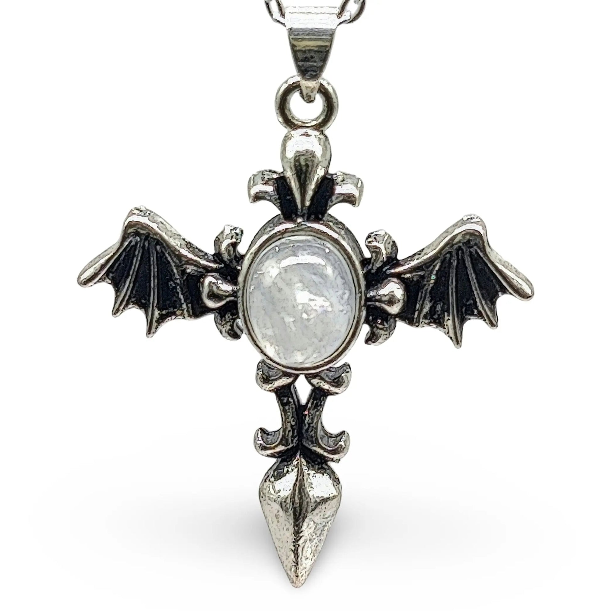 Necklace - Angel Wing Cross - Antique Silver - Rainbow Moonstone