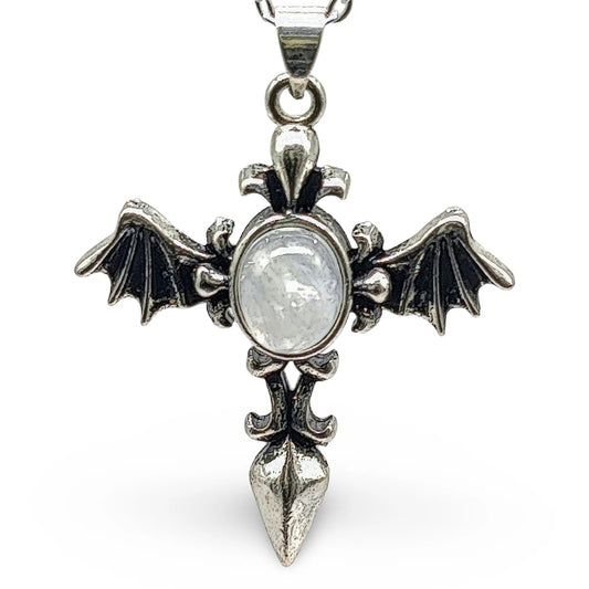 Necklace - Angel Wing Cross - Antique Silver - Rainbow Moonstone