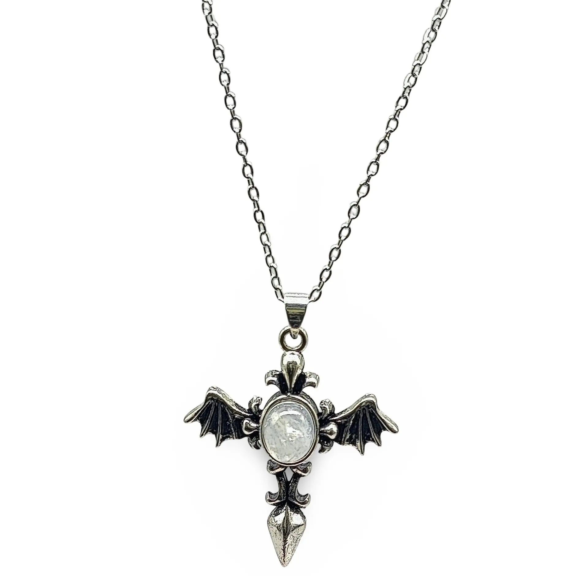 Necklace - Angel Wing Cross - Antique Silver - Rainbow Moonstone