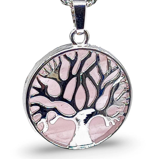 Necklace - Flat Round with Tree of Life - Rose Quartz