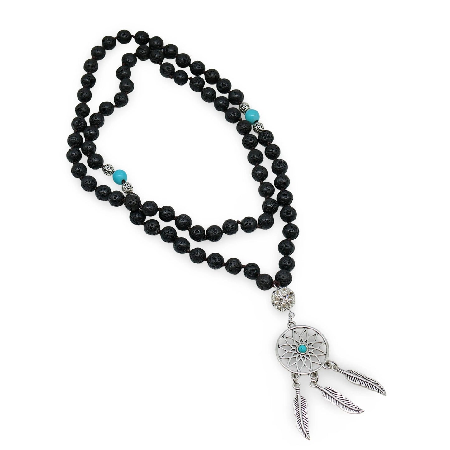 Mala - Bracele / Necklace - Multi Strand - Lava Stone Turquoise with Dream Catcher