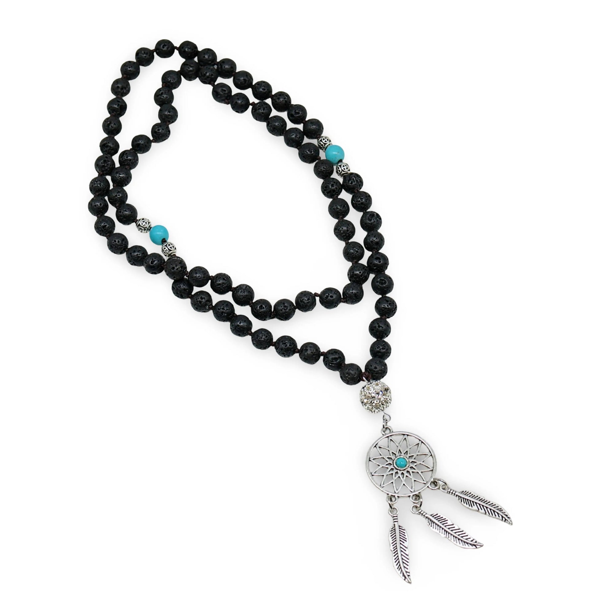 Mala - Bracele / Necklace - Multi Strand - Lava Stone Turquoise with Dream Catcher