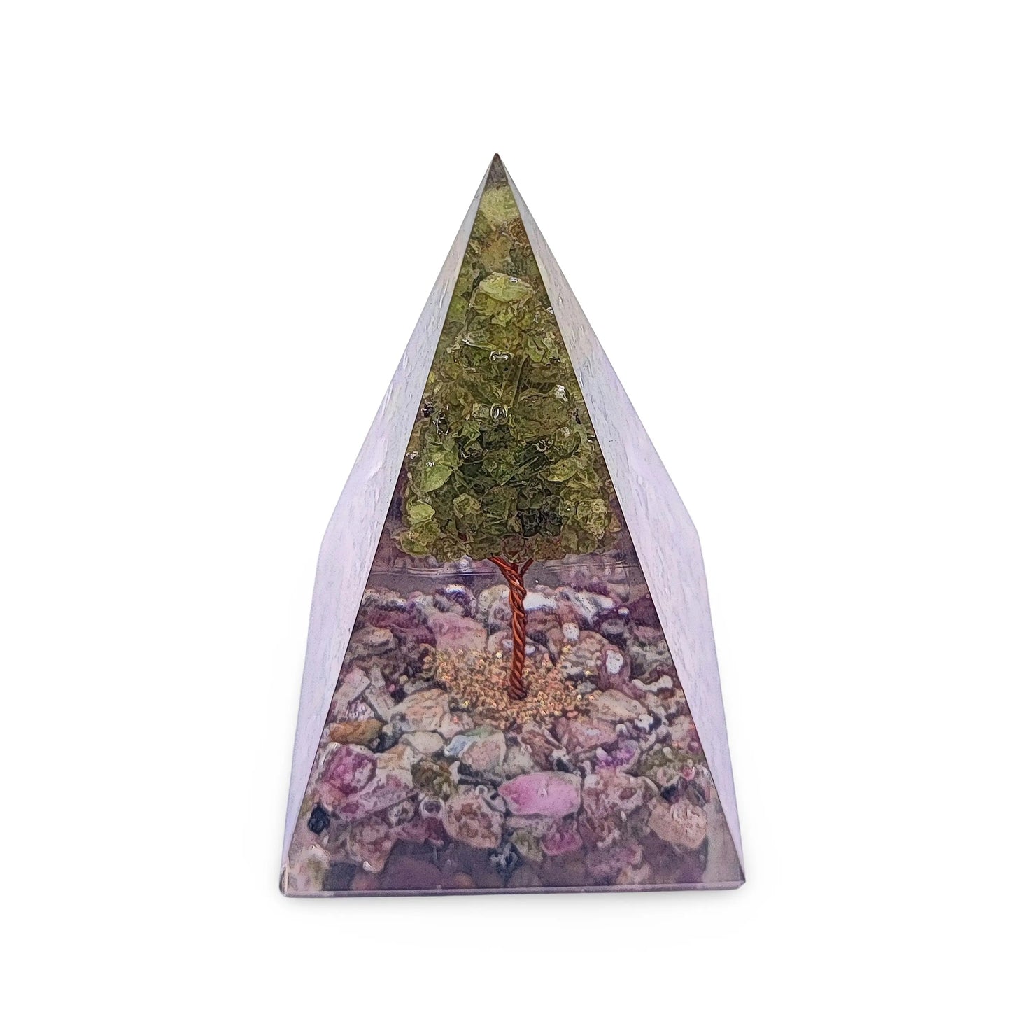 Pyramid -Orgonite -Pink Tourmaline Gemstones -Peridot Tree