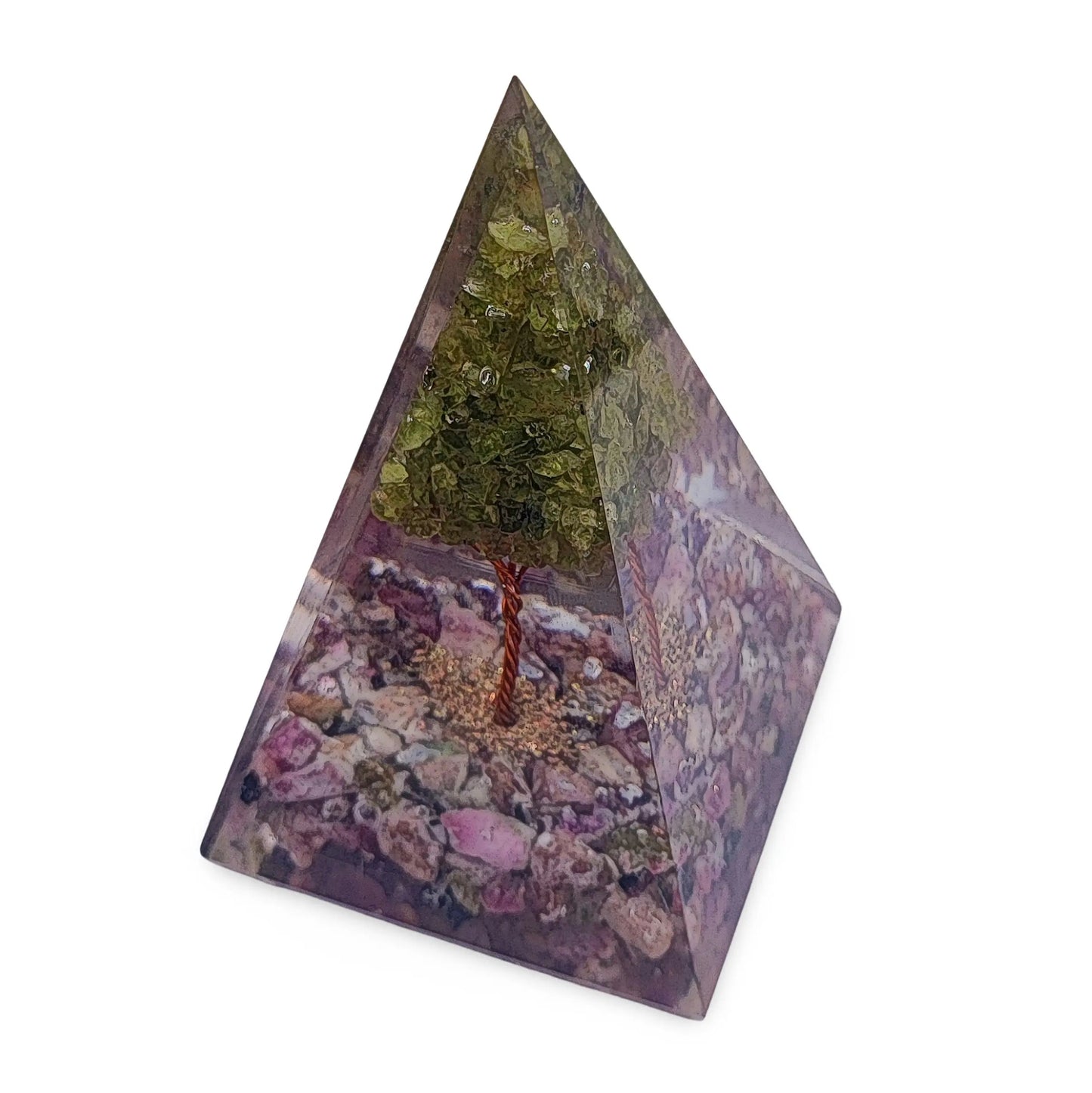 Pyramid -Orgonite -Pink Tourmaline Gemstones -Peridot Tree
