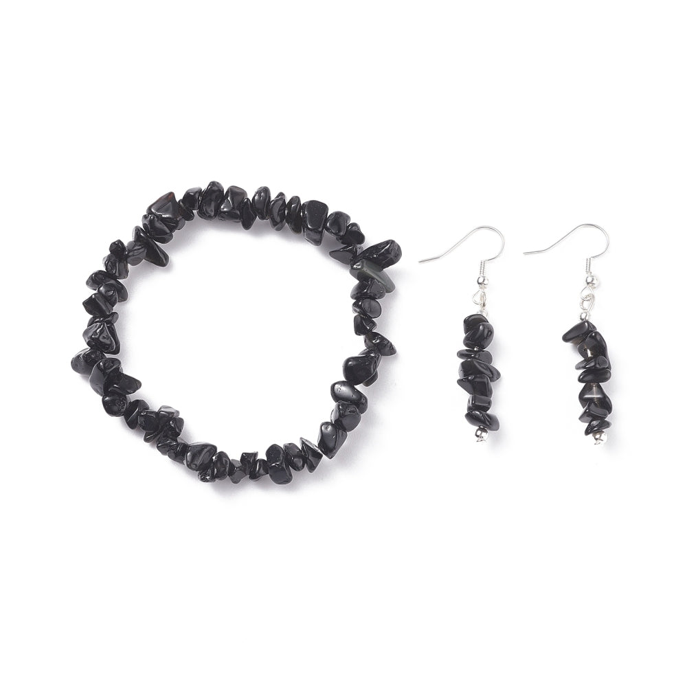 Bracelet & Earring - Elegant Gemstone Bracelet and Earring Set - Chips Black Obsidian