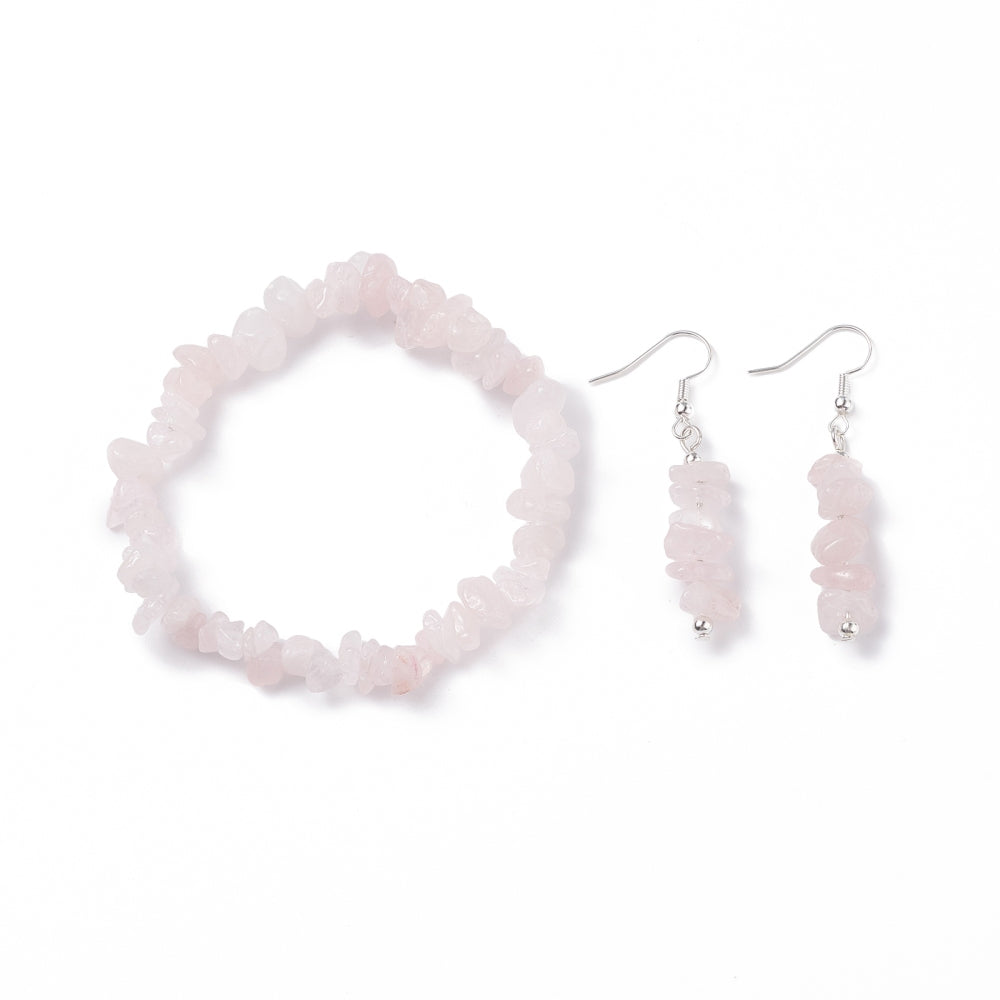 Bracelet & Earring - Elegant Gemstone Bracelet and Earring Set - Chips Rose Quartz