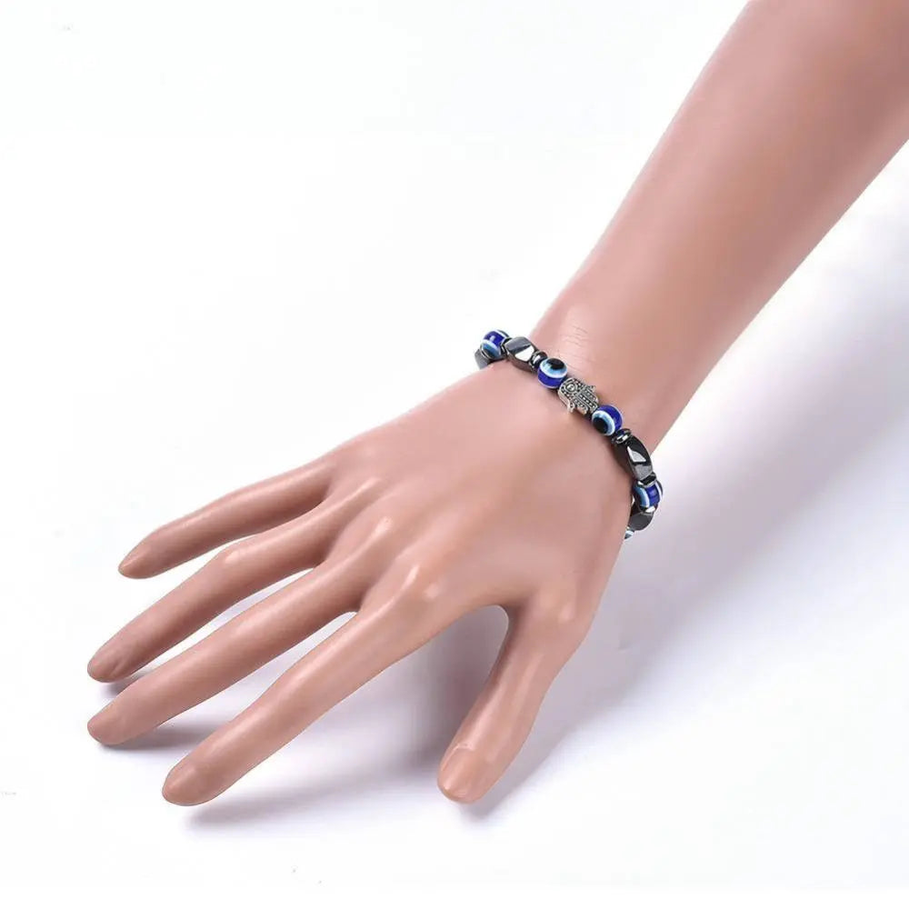 Bracelet -Hematite -Evil Eye -Fatima Hand -8mm