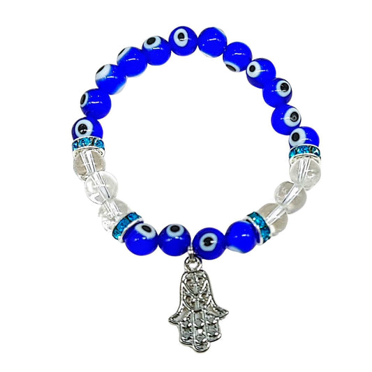 Bracelet -Crystal Quartz -Evil Eye -Fatima Hand -8mm