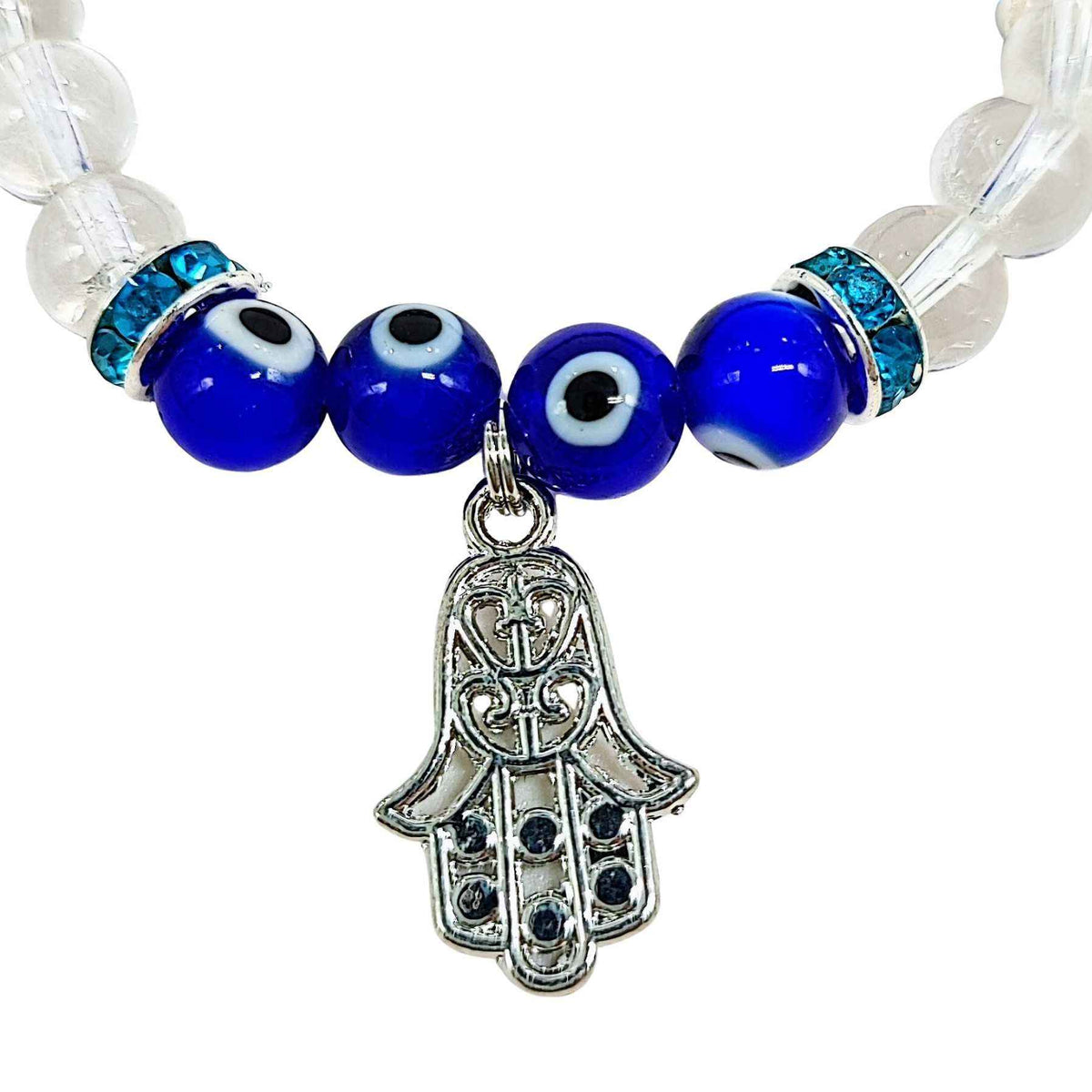 Bracelet -Crystal Quartz -Evil Eye -Fatima Hand -8mm - Cayve's Mystic Nature Wholesale