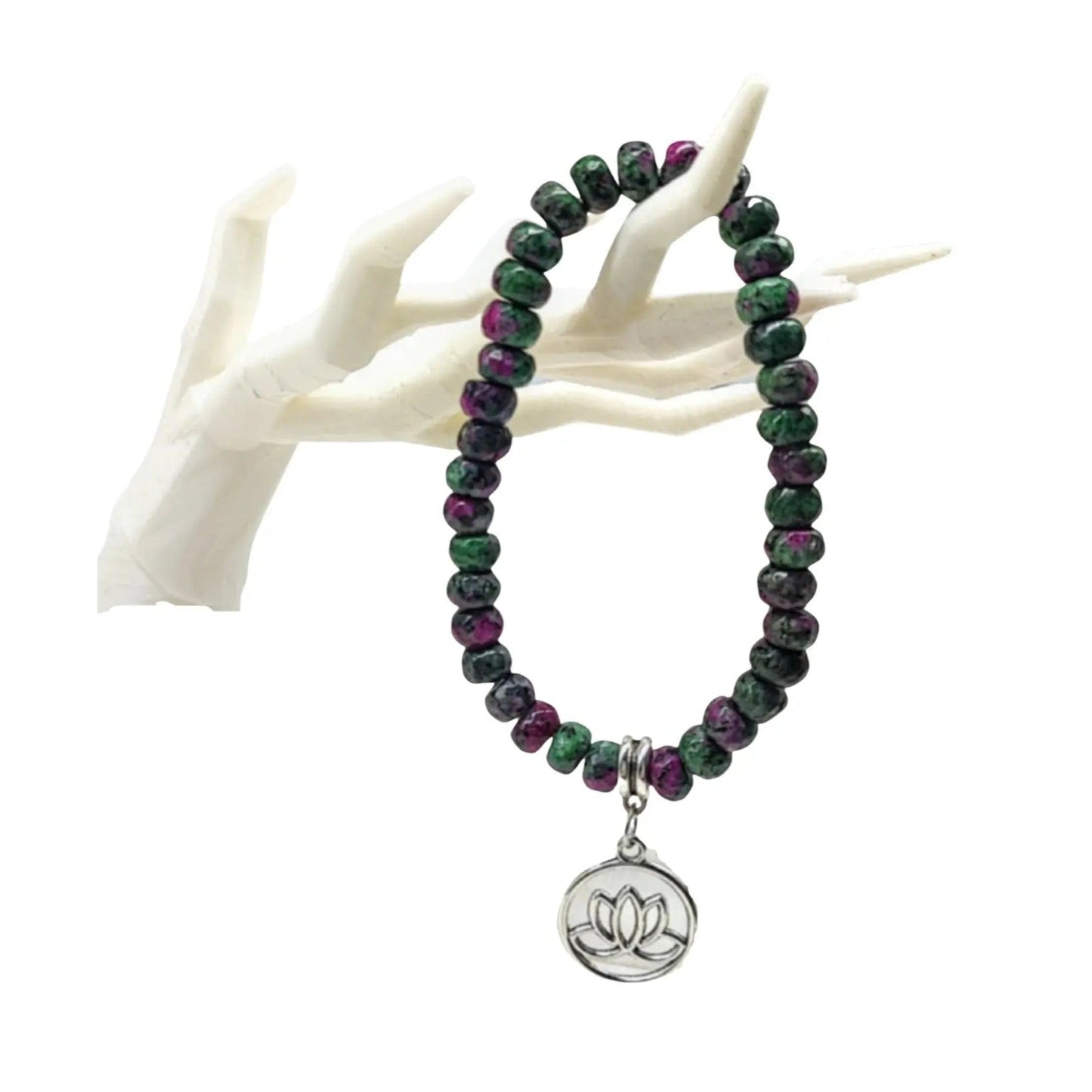 Bracelet -Ruby Zoisite -Lotus Flower Charm