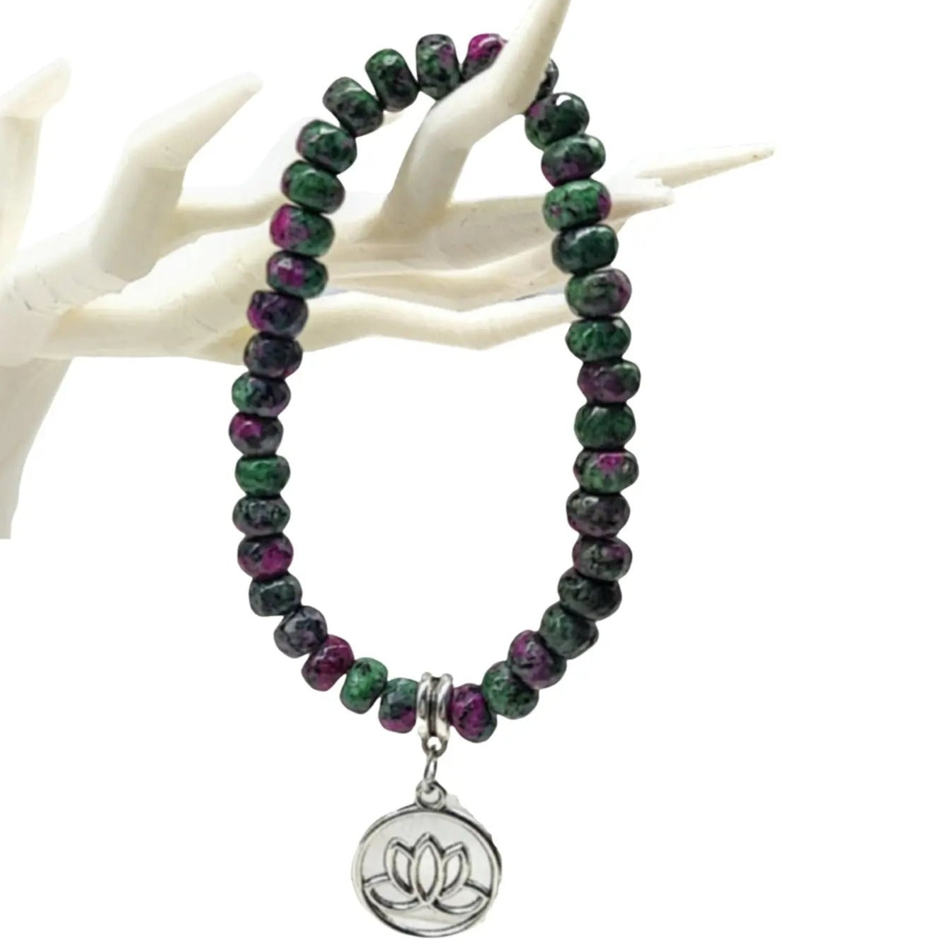 Bracelet -Ruby Zoisite -Lotus Flower Charm