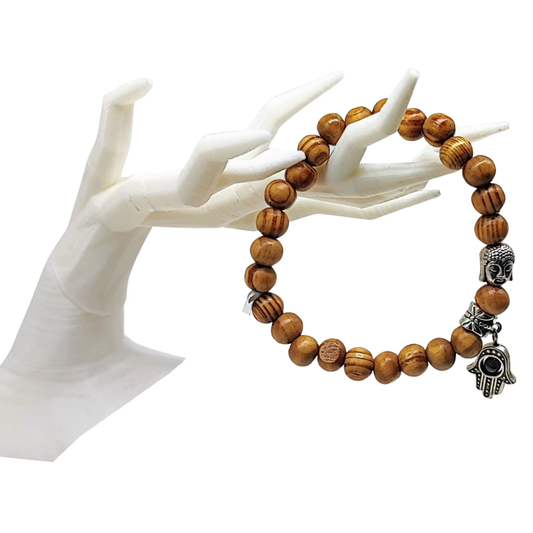 Bracelet -Wood -Fatima Hand -Red Tiger Eye -8mm