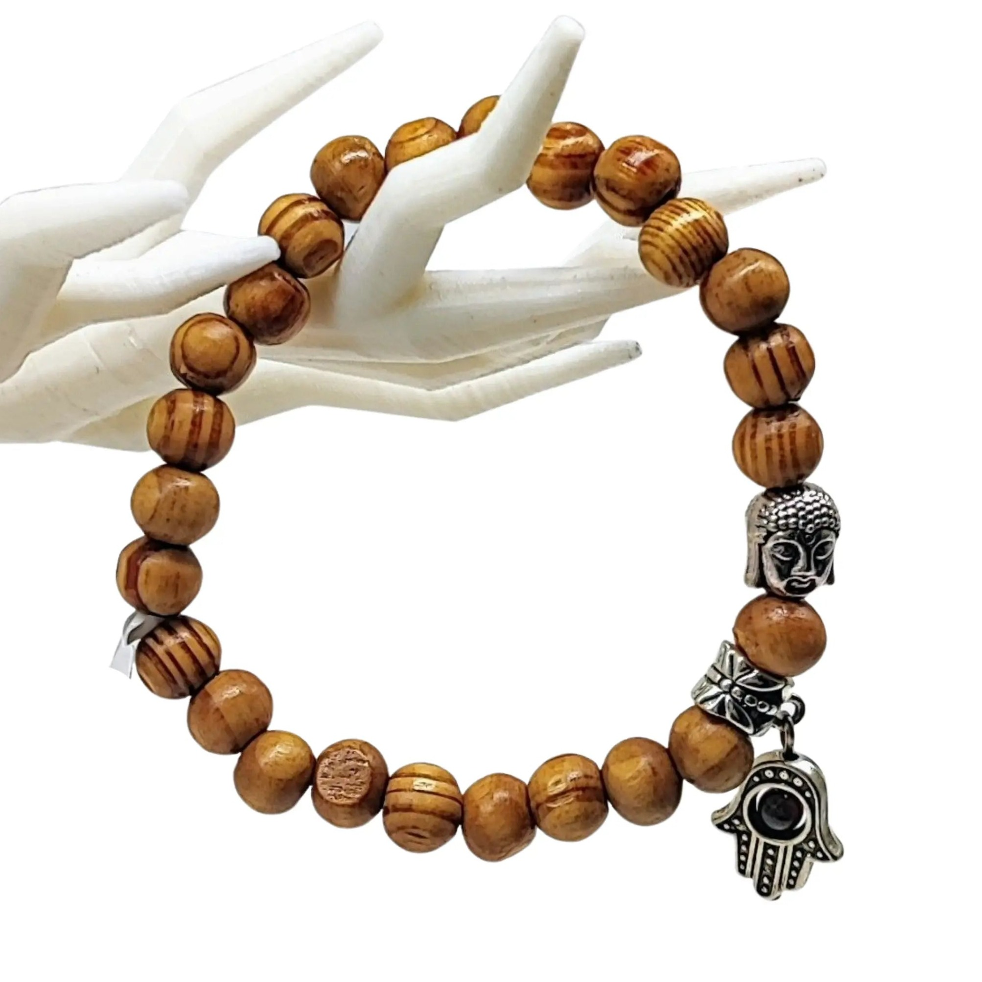Bracelet -Wood -Fatima Hand -Red Tiger Eye -8mm
