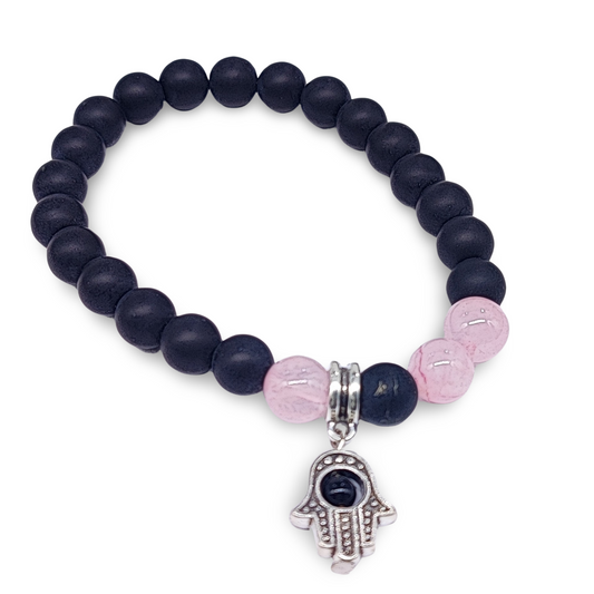 Bracelet -Black Agate Frosted Beads -Rose Quartz Beads -Fatima Hand -8mm