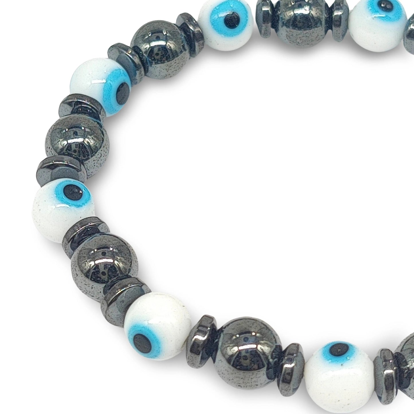 Bracelet -White Evil Eye -Hematite -8mm