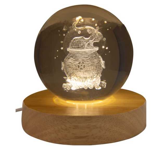 Home Decor -Glass Crystal Ball -Engrave Cauldron -With LED Light Wood Base -3 -Home Decor -Aromes Evasions