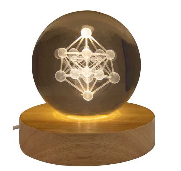 Home Decor -Glass Crystal Ball -Engrave Metatron -With LED Light Wood Base -3 -Home Decor -Aromes Evasions