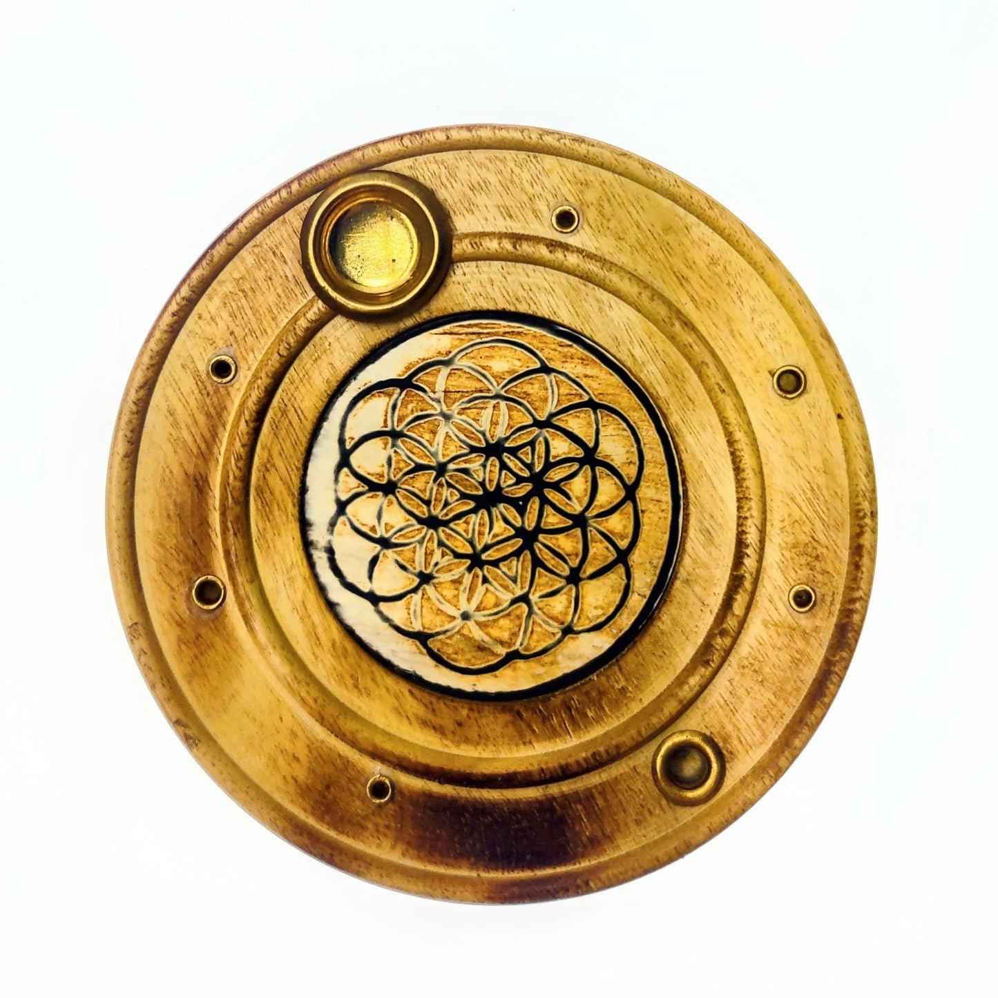 Incense Burner -Wood Cone & Sticks Holder -Flower of Life