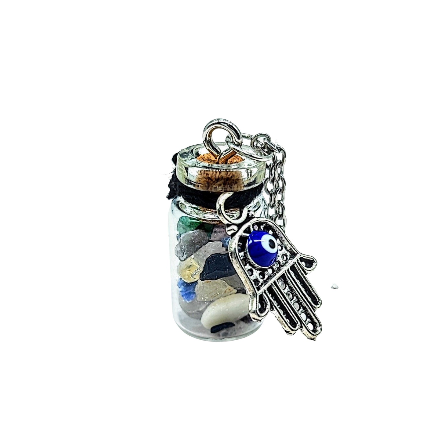 Necklace -Gemstone Chips & Fatima Hand -Glass Bottle Mixed Gemstones Chips