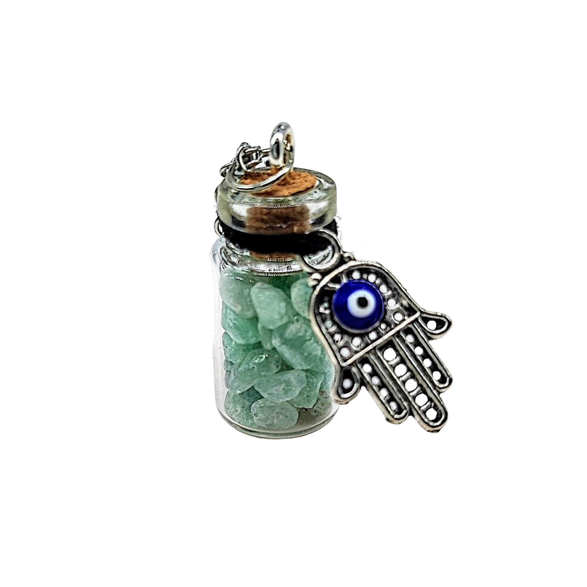 Necklace -Gemstone Chips & Fatima Hand -Glass Bottle Green Aventurine