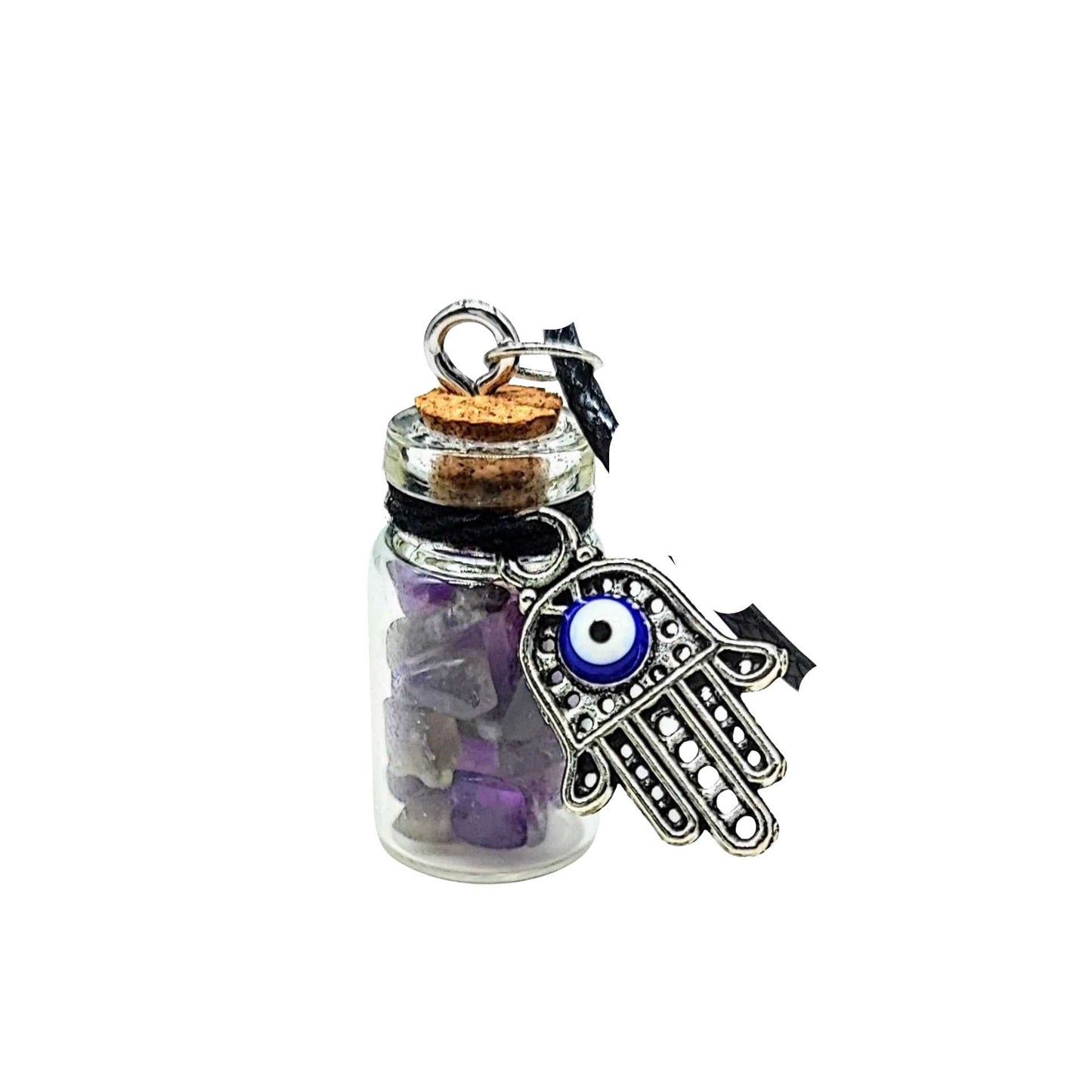 Necklace -Gemstone Chips & Fatima Hand -Glass Bottle