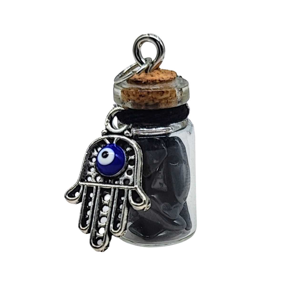Necklace -Gemstone Chips & Fatima Hand -Glass Bottle Shungite Noble