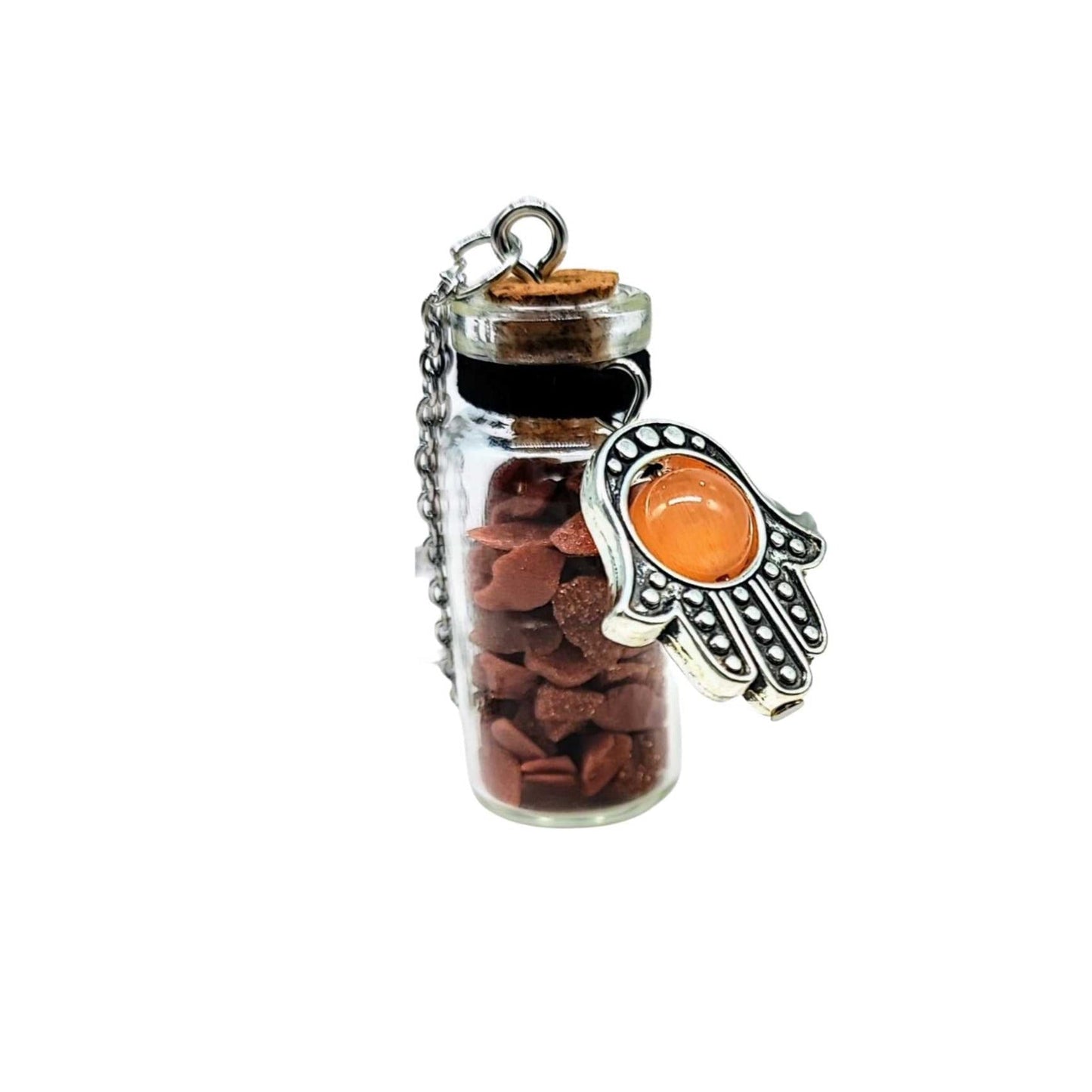 Necklace -Gemstone Chips & Fatima Hand -Large Glass Bottle Golden River